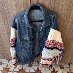 Zara Blue Denim Jacket with Multicolor Knit Sleeves